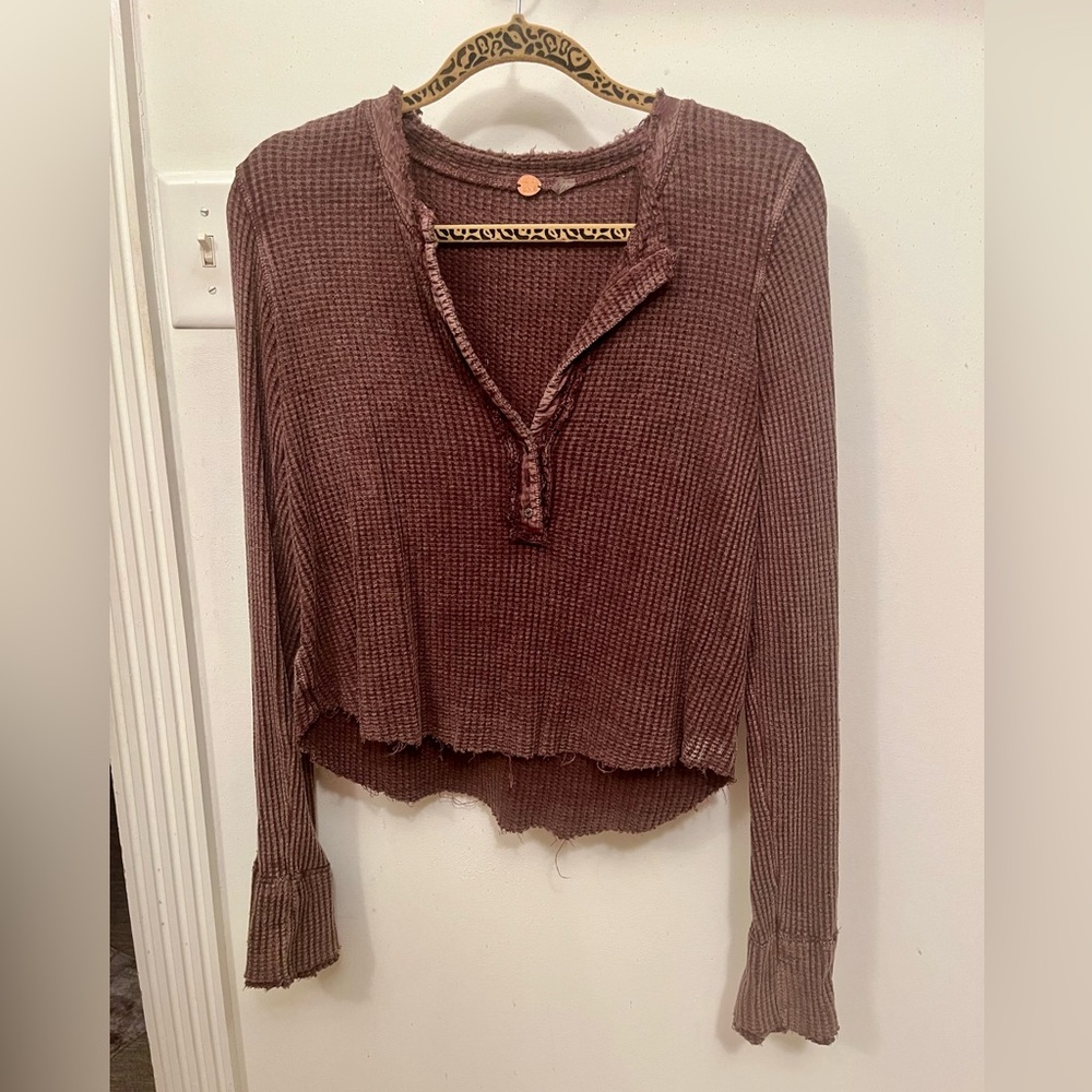FP Free People One Colt Thermal 3 Buttons long sleeve top Henley waffle knot S
